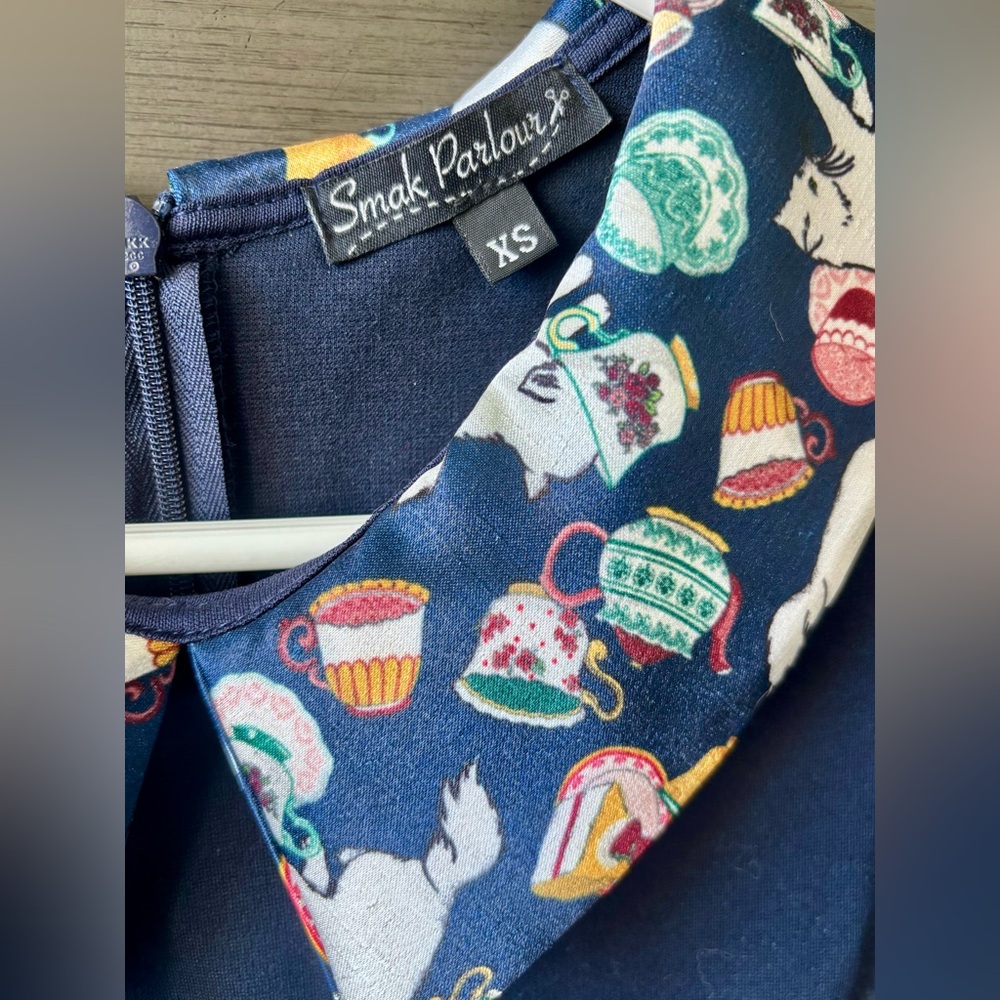 Smak Parlour Kittens and Teacups Navy Blue Peter Pan Collar Skater Dress XS
